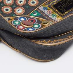 Pre Owned Dior Multicolor Embroidered Denim And Leather Saddle Bag
