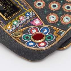 Pre Owned Dior Multicolor Embroidered Denim And Leather Saddle Bag