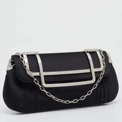 Pre Owned Dior Black Pleated Satin Frame Chain Clutch