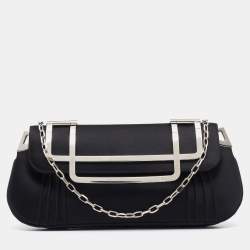 Pre Owned Dior Black Pleated Satin Frame Chain Clutch