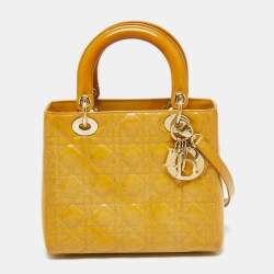 Pre Owned Dior Mustard Cannage Patent Leather Medium Lady Dior Tote