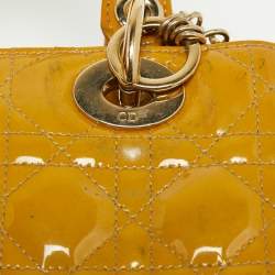 Pre Owned Dior Mustard Cannage Patent Leather Medium Lady Dior Tote
