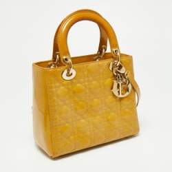 Pre Owned Dior Mustard Cannage Patent Leather Medium Lady Dior Tote