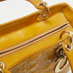 Pre Owned Dior Mustard Cannage Patent Leather Medium Lady Dior Tote