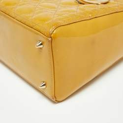 Pre Owned Dior Mustard Cannage Patent Leather Medium Lady Dior Tote
