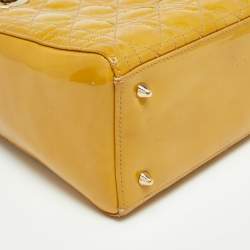 Pre Owned Dior Mustard Cannage Patent Leather Medium Lady Dior Tote