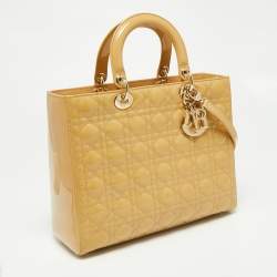 Pre Owned Dior Beige Cannage Patent Leather Large Lady Dior Tote