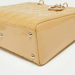 Pre Owned Dior Beige Cannage Patent Leather Large Lady Dior Tote