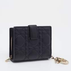 Pre Owned Dior Black Cannage Quilted Leather Lady Dior Compact French Wallet
