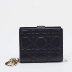Pre Owned Dior Black Cannage Quilted Leather Lady Dior Compact French Wallet
