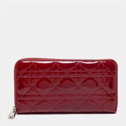 Pre Owned Dior Red Cannage Patent Leather Lady Dior Zip Around Wallet