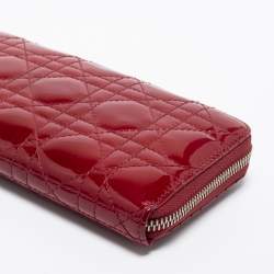 Pre Owned Dior Red Cannage Patent Leather Lady Dior Zip Around Wallet