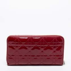 Pre Owned Dior Red Cannage Patent Leather Lady Dior Zip Around Wallet