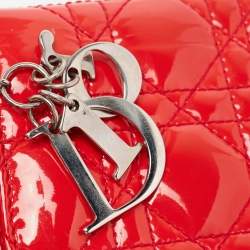 Pre Owned Dior Coral Red Quilted Cannage Patent Leather Lady Dior Chain Clutch