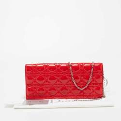 Pre Owned Dior Coral Red Quilted Cannage Patent Leather Lady Dior Chain Clutch