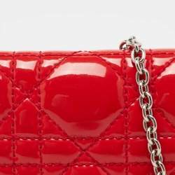 Pre Owned Dior Coral Red Quilted Cannage Patent Leather Lady Dior Chain Clutch