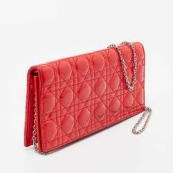 Pre Owned Dior Coral Red Quilted Cannage Patent Leather Lady Dior Chain Clutch