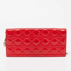 Pre Owned Dior Coral Red Quilted Cannage Patent Leather Lady Dior Chain Clutch