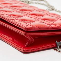 Pre Owned Dior Coral Red Quilted Cannage Patent Leather Lady Dior Chain Clutch