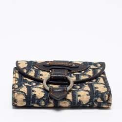 مملوكة مسبقًا محفظة كومباكت ديور جلد وكانفاس مائل بيج / أزرق كحلي