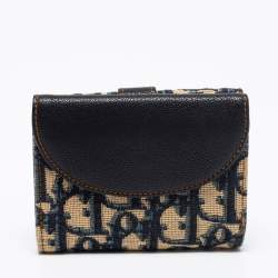 مملوكة مسبقًا محفظة كومباكت ديور جلد وكانفاس مائل بيج / أزرق كحلي