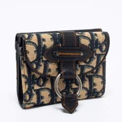 مملوكة مسبقًا محفظة كومباكت ديور جلد وكانفاس مائل بيج / أزرق كحلي