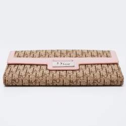 Pre Owned محفظة ديور كونتيننتال جلد وكانفاس مائل بيج / وردي بقلاب