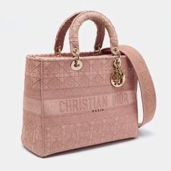 Pre Owned Dior Light Pink Cannage Embroidered Canvas Large Lady D-Lite Tote