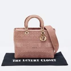 Pre Owned Dior Light Pink Cannage Embroidered Canvas Large Lady D-Lite Tote