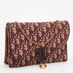 Pre Owned Dior Burgundy/Beige Oblique Canvas Saddle Chain Pouch