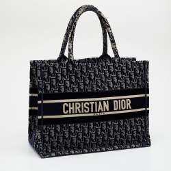 Pre Owned Dior Navy Blue Oblique Embroidered Velvet Medium Book Tote