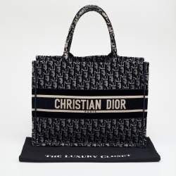 Pre Owned Dior Navy Blue Oblique Embroidered Velvet Medium Book Tote