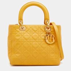 Pre Owned Dior Yellow Cannage Leather Medium Lady Dior Tote