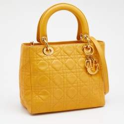 Pre Owned Dior Yellow Cannage Leather Medium Lady Dior Tote