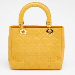 Pre Owned Dior Yellow Cannage Leather Medium Lady Dior Tote