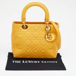 Pre Owned Dior Yellow Cannage Leather Medium Lady Dior Tote