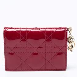 Pre Owned Dior Maroon Cannage Patent Leather Lady Dior Card Holder