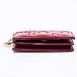 Pre Owned Dior Maroon Cannage Patent Leather Lady Dior Card Holder