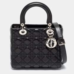Pre Owned Dior Black Cannage Leather Medium Lady Dior Tote 