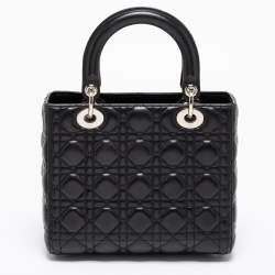 Pre Owned Dior Black Cannage Leather Medium Lady Dior Tote 