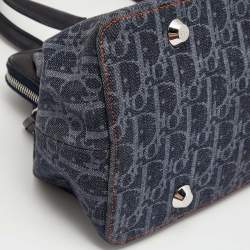 Pre Owned Dior Navy Blue Oblique Denim and Leather Flight Frame Satchel