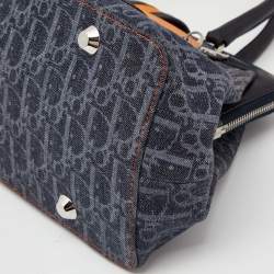 Pre Owned Dior Navy Blue Oblique Denim and Leather Flight Frame Satchel