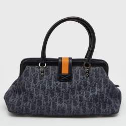 Pre Owned Dior Navy Blue Oblique Denim and Leather Flight Frame Satchel