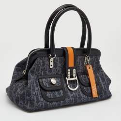 Pre Owned Dior Navy Blue Oblique Denim and Leather Flight Frame Satchel