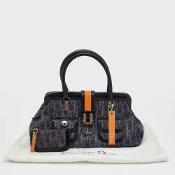 Pre Owned Dior Navy Blue Oblique Denim and Leather Flight Frame Satchel