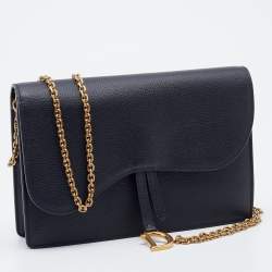 Pre Owned Dior Black Grained Leather Saddle Chain Pouch