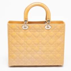 Pre Owned Dior Yellow/Pink Cannage Patent Leather Large Lady Dior Tote