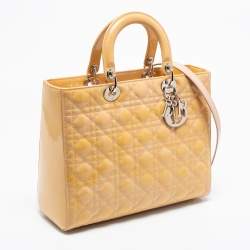 Pre Owned Dior Yellow/Pink Cannage Patent Leather Large Lady Dior Tote