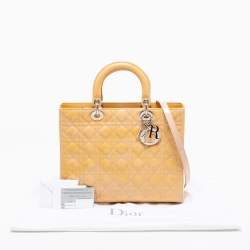 Pre Owned Dior Yellow/Pink Cannage Patent Leather Large Lady Dior Tote