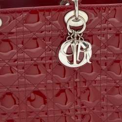 Pre Owned Dior Red Cannage Patent Leather Large Lady Dior Tote